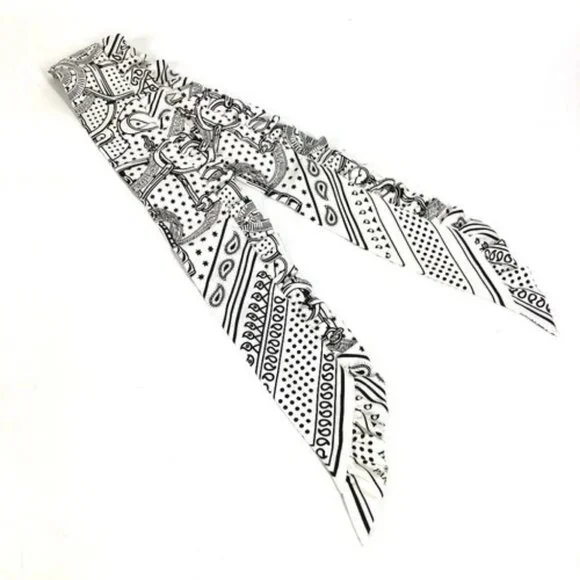 HERMES ""Apron-Doll"" Frill Eperon d'Or Bandana Twilly Scarf White/Black Unused - Picture 2 of 7